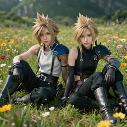 aerith and yuffie from final fantasy 7 remake by ross tran, sitting in a flower field by ilya kuvshinov, rtx reflections, maya, extreme high intricate hyperrealistic details by wlop, medium shot, composition by sana takeda, dramatic lighting by greg rutkowski