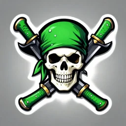 “A pirate skull wearing a green bandana, 2 cutlasses with green handles crossing in an X behind, in the style of an esports logo”