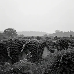 black and white, cinematic, landscape covered in vines, hazy, distant forest, ultra detailed, beksinski, returnal, extra teeth, biome