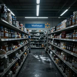 liminal space superstore, Wal Mart, low lighting, dimly lit, dark, spooky, nothing on shelves, eerie