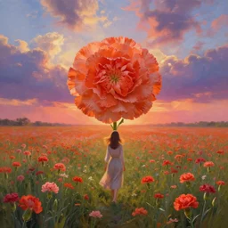 head of carnations flower, full body, girl walking in a flower field, surreal photography, sunrise dramatic light, impressionist painting, colorful clouds, digital painting, artstation, simon stalenhag, flower face