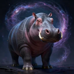 a wlop 3 d render of very very very very highly detailed beautiful mystic portrait of a phantom undead hippo with whirling galaxy around, tattoos by anton pieck, intricate, extremely detailed, digital painting, artstation, concept art, smooth, sharp focus, illustration, intimidating lighting, incredible art,