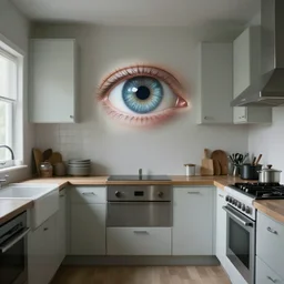 a kitchen. with an eye that floats unblinking,