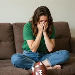 a sad woman with brown hair in a green t - shirt wearing blue denim shorts sitting on a brown sofa. she has given up on her fantasy football team