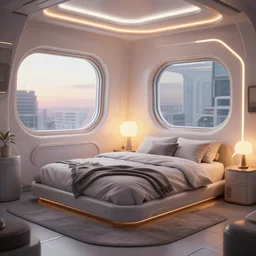 a hyperrealist photography of a futuristic cozy bedroom by jung yeon min