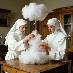 realistic photo of a two medieval female nuns scientists wearing white cotton robes, doing an experiment with a fluffy furry fur cloud, living room interior is made of wood 1 9 9 0, life magazine reportage photo, natural colors