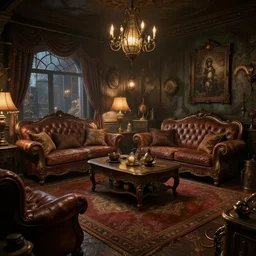 Steampunk living room, Greg Rutkowski, ArtStation, CGSociety, Unreal Engine