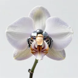 futuristic phalaenopsis amabilis mecha tiger face in moon orchid body, sepals forming helmet, floral details, phalaenopsis, 8 k hd resolution, barbatos gundam with floral inlay, bandai box art, star wars, makoto kobayashi, frank gehry, raymond swanland
