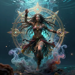 a centered full body render of a dancing festival hippy with long flowing dreadlocks surrounded by a underwater ink pour and flowing liquid gallium and sacred geometry, perfect body and face, gorgeous, cinematic, beautifully lit, by miho hirano, by karol bak, by donato giancola, 3 d, trending on artstation, octane render, 8 k