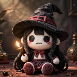 extremely cute and scary fumo plush of a cursed witch girl