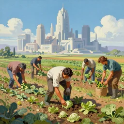 a mixed media closeup portrait painting of a gardener planting a field of vegetable crops, minimalist, a ruined futuristic art deco city sits in the distance, by frank frazetta, greg rutkowski, beeple, yoko taro, christian macnevin, beeple, wlop and krenz cushart, epic fantasy character art, volumetric outdoor lighting, midday, high fantasy, cgsociety, cheerful colours, full length, exquisite detail, post - processing, masterpiece, cinematic