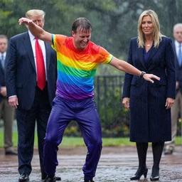 randy rainbow dancing in the pouring rain in front of ivanka trump who is drenched. professional photography