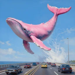 an oil painting of a giant pink whale falling out of a blue sky onto cars on a busy bridge, realistic, cinematic lighting