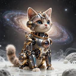 a beautiful intricate fine art portrait photo of a a mechanical industrial steampunk cybernetic puss in boots against galactic space, soft backlight, by tom bagshaw and zach sutton, perfection!, milk bath photography, studio lighting, 3 5 mm lens, very detailed, bionic, cybernetic scifi, deep depth of field, artstation, 8 k, highly coherent