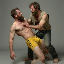 one homeless man strangles another bearded homeless man with yellow underpants, fantasy duel, high detail, very realistic, by greg rutkowski, by james gurney ultra clear detailed