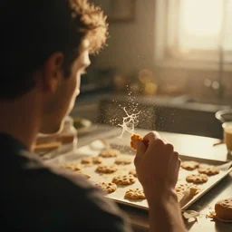 a 3 5 mm photo from the back of a man making cookies, splash art, movie still, bokeh, canon 5 0 mm, cinematic lighting, dramatic, film, photography, golden hour, depth of field, award - winning, anamorphic lens flare, 8 k, hyper detailed, 3 5 mm film grain