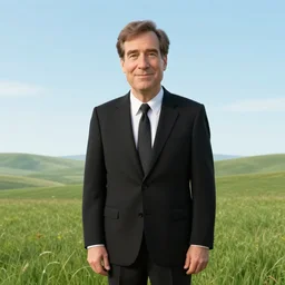 2 0 0 5 john lasseter of pixar is wearing a black suit and necktie. he is standing in a vardant countryside