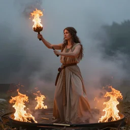 a beautiful artwork of a fire ritual performed by a woman druid, fog, by Bastien Lecouffe-Deharme, featured on artstation