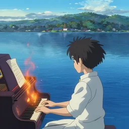 Anime blue water with piano on fire, far away, landscape, scenery, Cushart Krenz, Shinkai Makoto, by Lluluchwan, lots of details, highly detailed, 4k