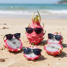 5 5 mm photograph of a cool dragonfruit with sunglasses, on the beach