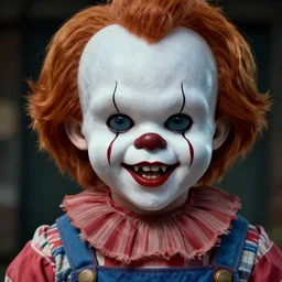 pennywise Chucky with sharp teeth, realistic digital art