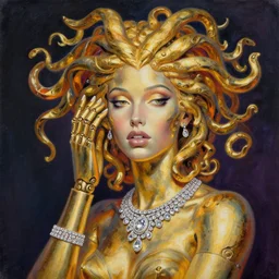 a beautiful painting lovely seductive gold medusa robot, jewelry, diamond jewelry. by ukiyo - e award - winning art, andy warhol color, dramatic light, disney concept artists octane render