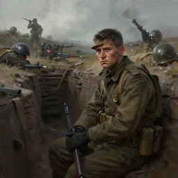 beautiful digital painting of a lone survivor, one soldier after his squad killed in action in a trench waiting for the war to end. cinematic lighting and rendering, atmospheric, concept art, high detailed faces, artstation, underpainting by artgerm and greg rutkowski, overpainted by eddie mendoza