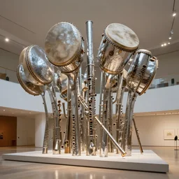 an art museum whose architecture is inspired by drum and flute instrument pieces, architectonica stratification, light upon hammered metal sculpture sculpture ar 1 6 : 9