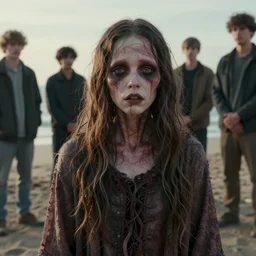 photo portrait, a creepy creature washed up on the beach. the faces of the onlookers look uneasy.