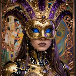 photo of a beautiful female steampunk half cyborg with an opulent elaborate venician carneval mask, artwork by james jean, hyperdetailed realistic gold and purple metallic, the eyes glow blue, jean delville, art nouveau, gustav klimt, ornate copper patina gothic icon, james jean, ultrasharp hyperdetailed photorealistic octane render, long shot, 3 5 mm