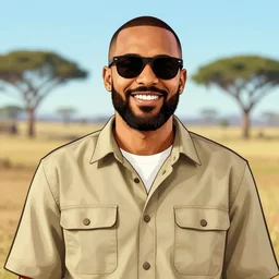 afrikaans man smiling with beard wearing sunglasses and khaki shirt, portrait illustration by martine johanna, rossdraws, gta v style, bushveld background