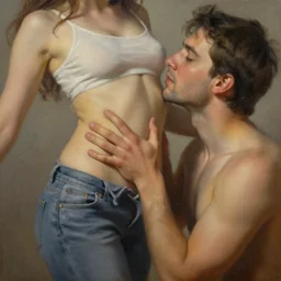 man grabbing a womans waist, making love, photorealistic painting