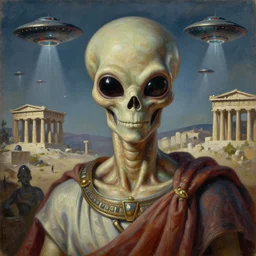 alien invasion Ancient Athens, UFOs, oil on canvas, portrait, intricate, 8k highly professionally detailed, HDR, CGsociety