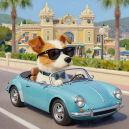 a painting of a hipster dog driving a convertible in monte carlo, in the style of greg rutkowski, highly detailed