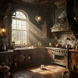 detailed octane zbrush render of [Benjamin Franklin cooking breakfast inside a steampunk kitchen], WITH liminal space, high detail, rendered in unreal engine, 3d render, god rays, volumetric lighting, HDR, subsurface scatter, mansion, interior, large windows, rich house