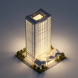 architectural model, isometric view, 3 d render, studio lighting, low contrast, brightly lit studio, highly detailed, tall building, large windows, courtyard, gabled roof, zig zag plan, house, tree