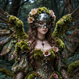 a masterpiece ultrarealistic ultradetailed portrait of a incredibly beautiful angel flower moss princess with skull iron mask. baroque renaissance girl in the night forest. medium shot, intricate, elegant, highly detailed. trending on artstation, digital art, by stanley artgerm lau, wlop, rossdraws, james jean, andrei riabovitchev, marc simonetti, yoshitaka amano