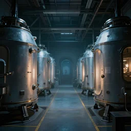 interior of a space shp, cryogenic pods, giger stye, volumetric lighting, atmospheric