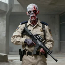 pale bleeding zombie security officer single in beige uniform in burtalist concrete building by greg rutkowski trending on artstation digital painting highly detailed 4 k 8 k hd holding bullpup