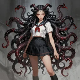 demonic medusa, school uniform, seifuku, pleated miniskirt, overknee socks, battle angel alita. by rembrandt 1 6 6 7, illustration, by konstantin razumov, by william - adolphe bouguerea
