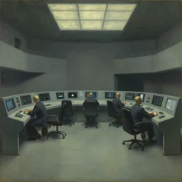 mind control facility interior, control center, brainwashing, dystopian, pj crook, edward hopper, oil on canvas
