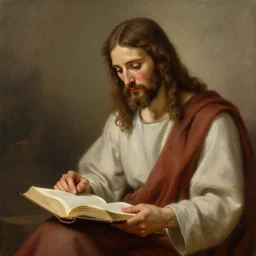 illustration of Jesus of Nazaret reading the Bible, realistic painting, high definition, digital art, matte painting, very detailed, realistic