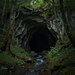 dark cave entrance surrounded by trees with a small water stream coming out of it, fantasy, highly detailed, art by greg rutkowski
