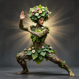 person made of tree, bark for skin, leaf hair, covered in flowers, martial arts pose fantasy character portrait, full body, realistic beautiful face, greg rutkowski, gaston bussiere