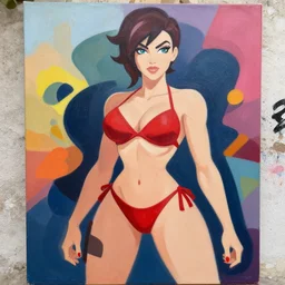pinup overwatch tracer in a red bikini, artwork by sergey kolesov, medium shot, asymmetrical, organic painting, sunny day, matte painting, bold shapes, hard edges, street art, trending on artstation, by huang guangjian and gil elvgren and sachin teng