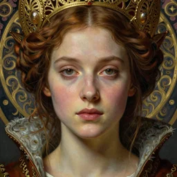 detailed realistic beautiful young medieval queen face portrait by jean delville, gustave dore, iris van herpen and marco mazzoni, art nouveau, symbolist, visionary, gothic, pre - raphaelite, horizontal symmetry