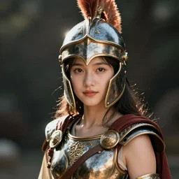 portrait of cute young woman dressed gladiator with helmet and armor, color photograph by steve mccurry