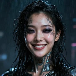 facial portrait of a happy korean female android with dark smeared makeup, wet curly hair, slimy tears, sci - fi face tattoo, a dark cyberpunk background, lens flare, rain, deep focus, d & d, intricate, elegant, highly detailed, photo, artstation, blade runner, 8 k, sharp focus, octane, unreal engine 5, global illumination, radiant