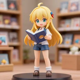 full body portrait of a happy blonde nendoroid anime girl reading a book, nicoletta ceccoli, mark ryden, lostfish, max fleischer, depth of field, detailed store environment as background, 8 k resolution, hyperrealistic, octane render