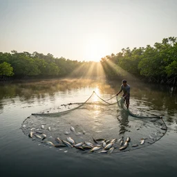 long shot, wide angle view photo of a fisherman in a lake pulling the fishnet full of fish, ray of light comes in the morning around 6 - 7 am, mangrove and damar vegetation in the far background, raytracing effects, dynamic lighting, photorealistic, hd, 2 4 mm